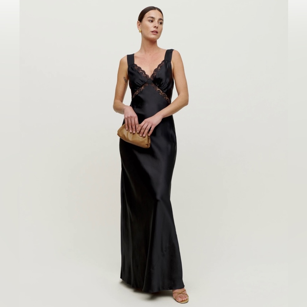 Reformation Black Satin Lace-Trim Maxi Dress